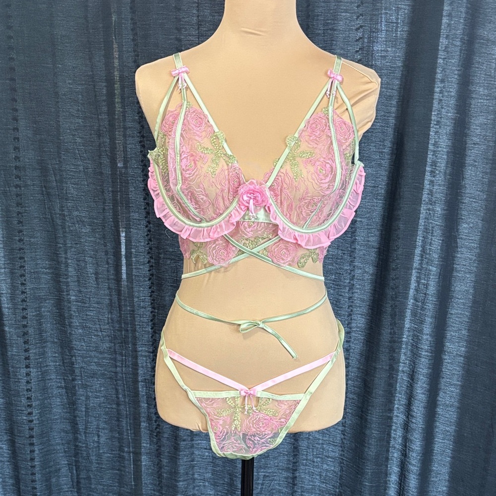 For Love And Lemons Pink and Green Lace Bra Set